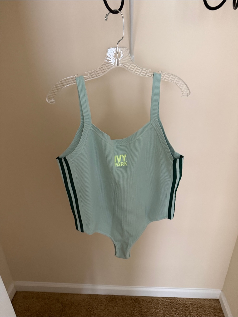 IVY PARK Mint Green Ribbed Bandeau Bodysuit with Dark Green Stripes